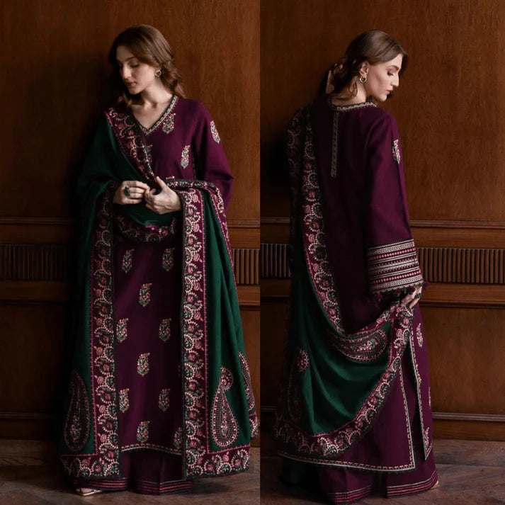 JAZMIN WINTER 3PC DHANAK EMBROIDERED SHIRT WITH DHANAK EMBROIDERED SHAWL AND TROUSER -AC0746