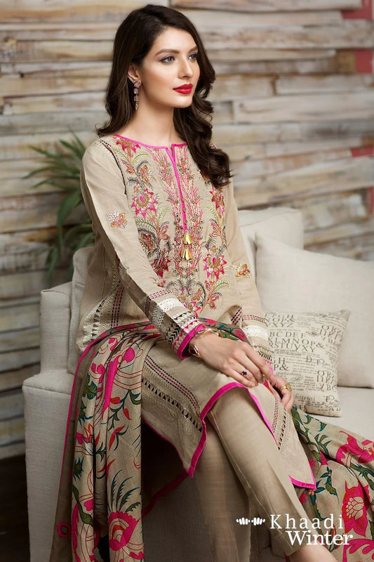 Khaadi Winter Embroided 3PC khaddar Dress with wool Shawl -AC0432
