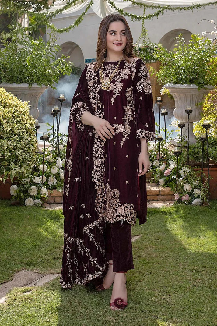 MARIA.B Winter Embroidered Velvet 3pc with Velvet Shawl Suite -AC064