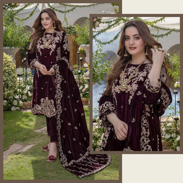 MARIA.B Winter Embroidered Velvet 3pc with Velvet Shawl Suite -AC064