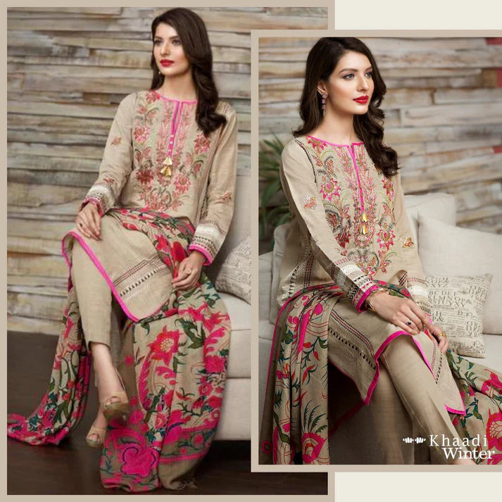 Khaadi Winter Embroided 3PC khaddar Dress with wool Shawl -AC0432